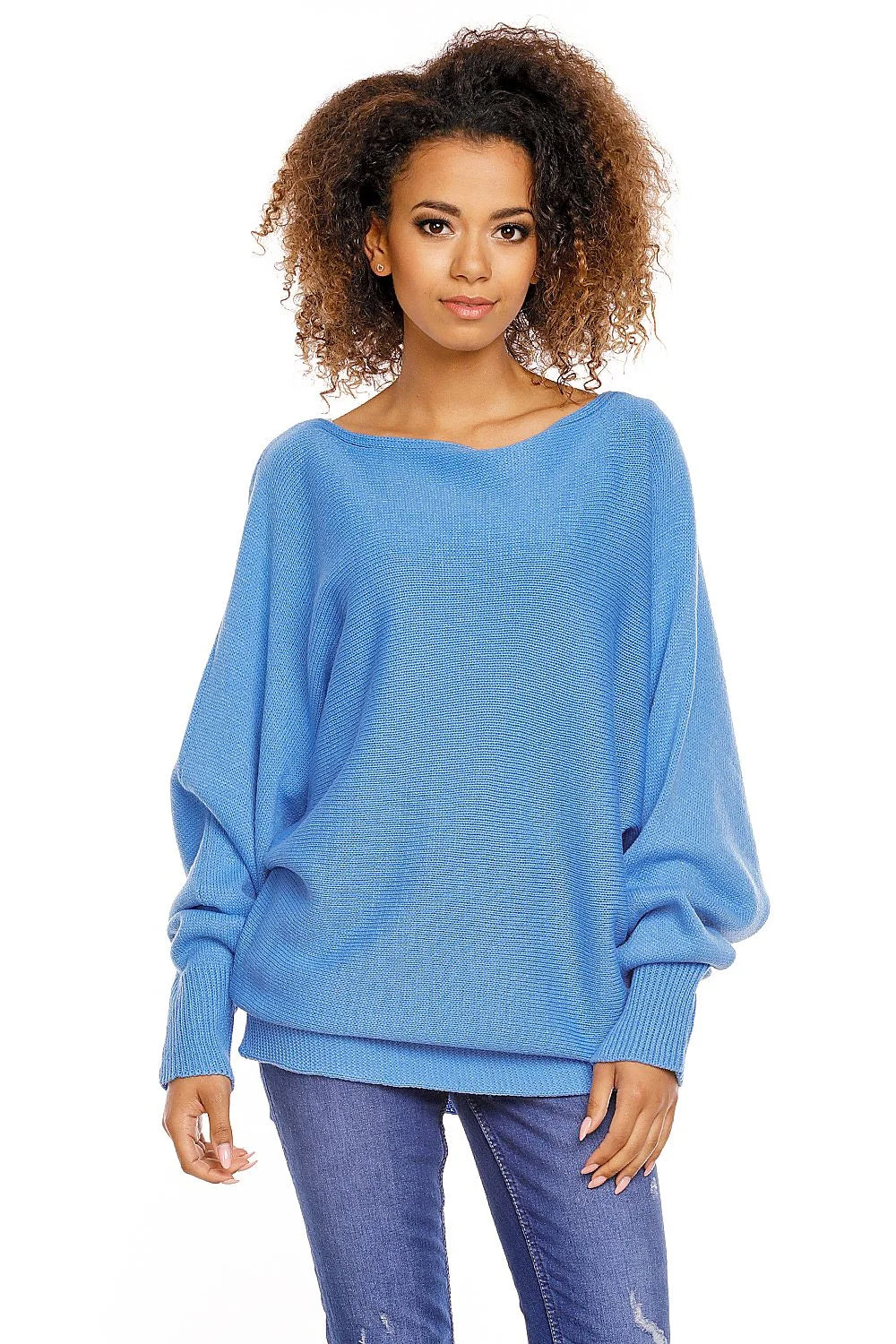 Pullover ample batwing sleeves Pee Ka Boo design moderne casual femmes en maille douce coloris bleu vif