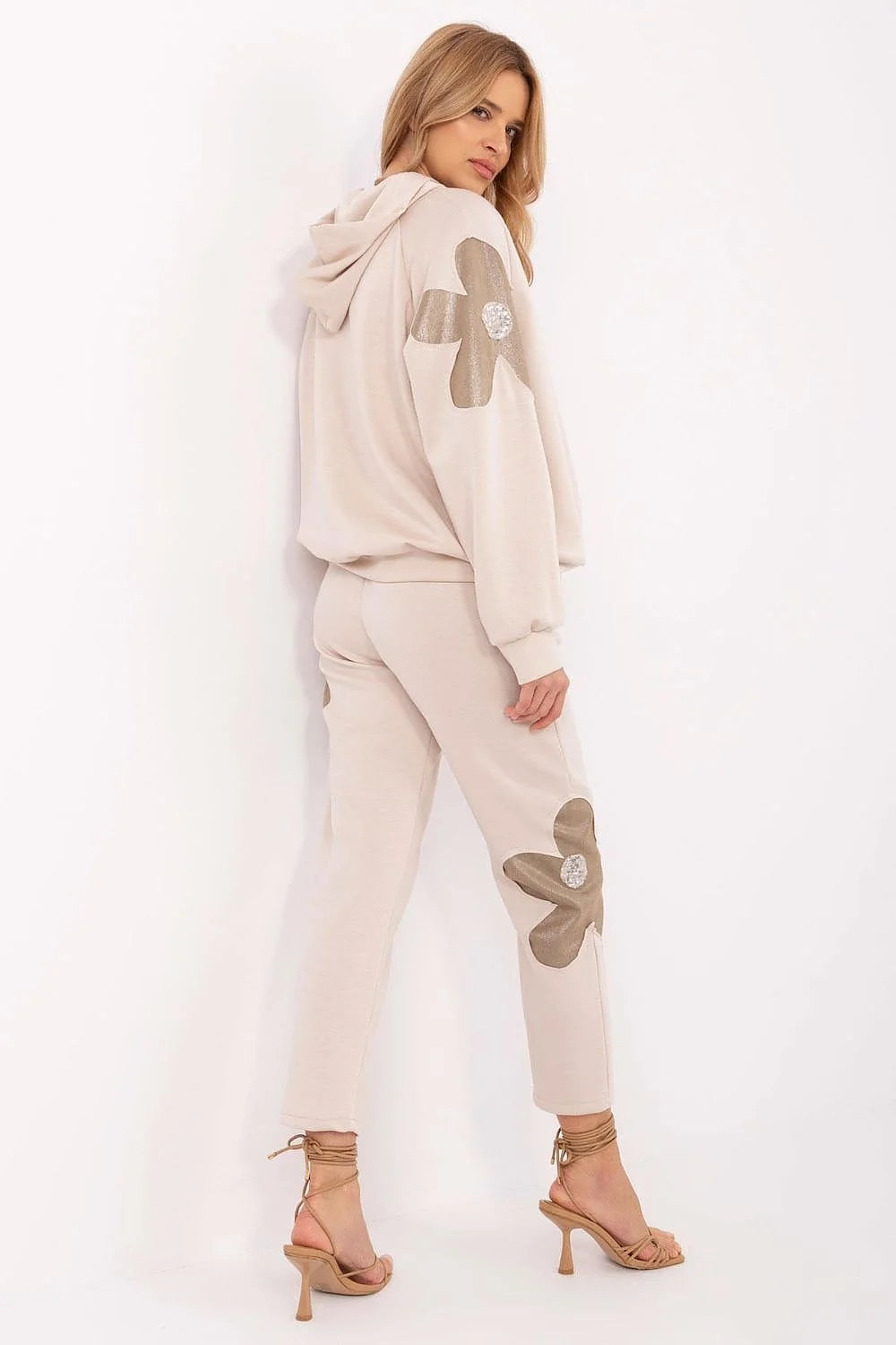 Ensemble décontracté moderne féminin sweat-shirt pantalon beige clair motifs floraux métalliques haute qualité confort