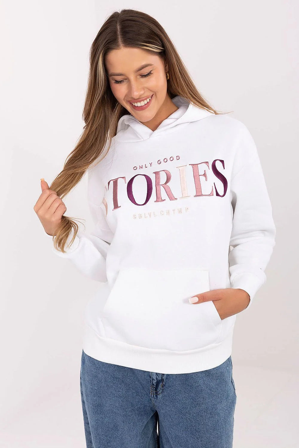 sweatshirt femme blanc capuche sans cordon imprimé STORIES dégradé rose bordeaux coupe relaxed poche kangourou molleton coton doux broderies