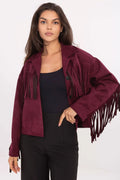 veste courte femme franges bohème western suédine bordeaux col tailleur boutons apparents boxy oversize manches longues boutonnée