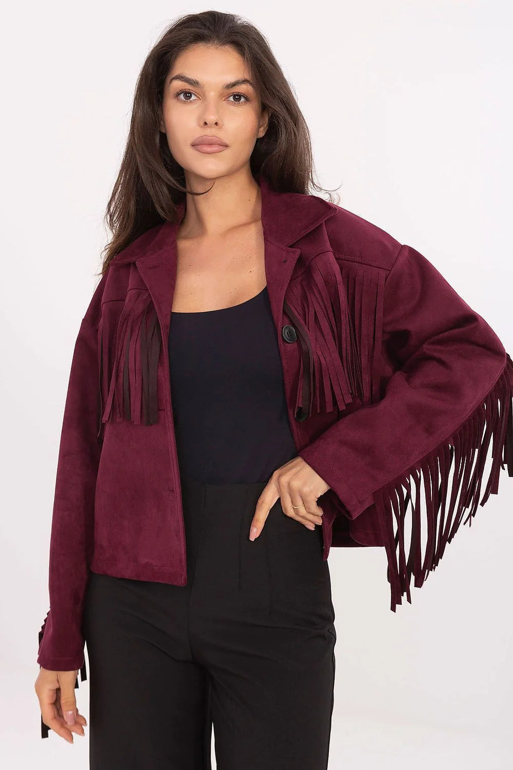 veste courte femme franges bohème western suédine bordeaux col tailleur boutons apparents boxy oversize manches longues boutonnée
