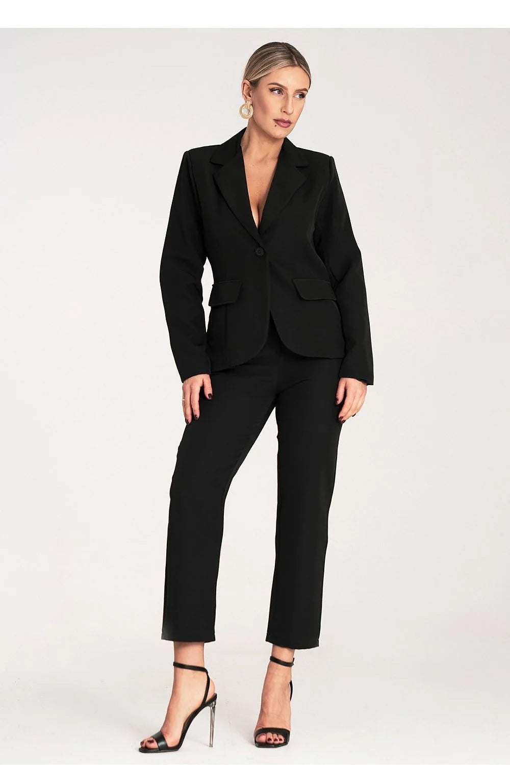 Ensemble tailleur-pantalon élégant pour femme en tissu polyester et elasthanne noir coupe ajustée veste à bouton unique et pantalon taille haute