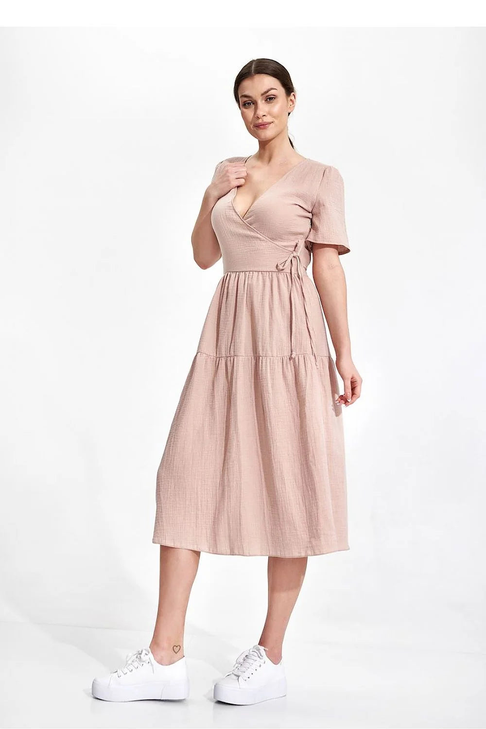 Robe de jour élégante été manches courtes encolure enveloppante coton 100 % taille ajustable femme