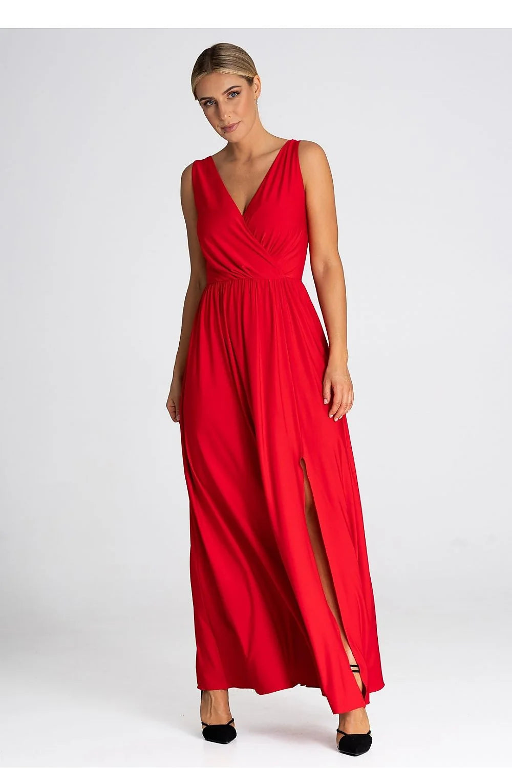 Robe longue élégante pour femme sans manches en V profond rouge vif fente latérale matière fluide taille ajustable