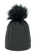bonnet tricot maille noir torsades pointderiz pompon fourrure synthétique femme ajusté côtelé isolant chaud cosy élégant durable polonais
