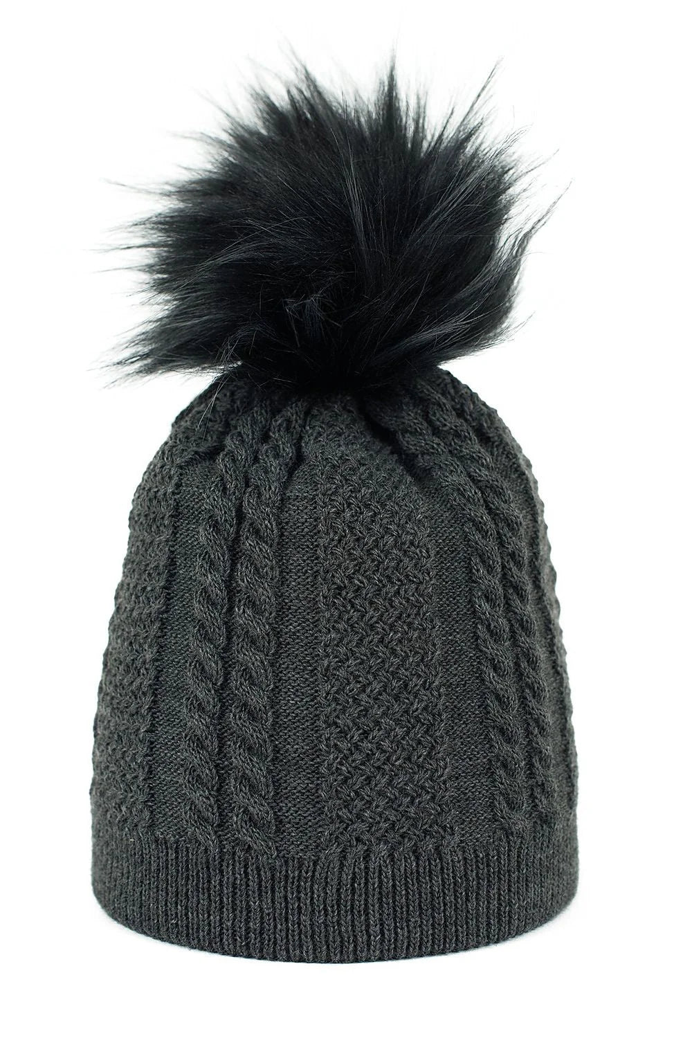 bonnet tricot maille noir torsades pointderiz pompon fourrure synthétique femme ajusté côtelé isolant chaud cosy élégant durable polonais