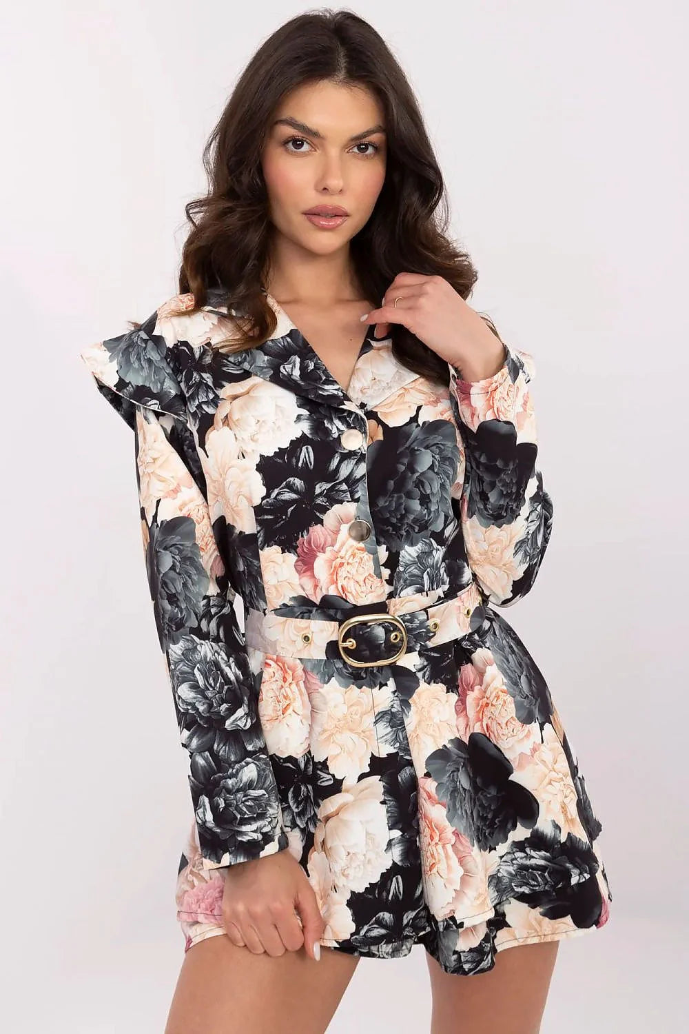 Combinaison à motifs floraux audacieux pour femme, manches longues, épaules volantées, ceinture intégrée, polyester et viscose, polyvalente pour occasionnels