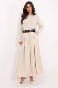 jupe longue maxi évasée beige viscose fluide tombé structuré taille haute ceinture large noire boucle dorée poches latérales