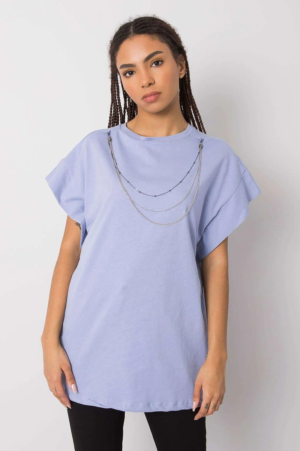 Chemisier femme Casual Chic Tissu Coton Lavande Doux Coupe Large Manches Courtes Chaînes Métalliques Détachables