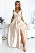 robe longue satin champagne brillante fente cuisse ceinture cintrée bretelles spaghetti décolleté V fluide évasée élégante sophistiquée intemporelle mariage
