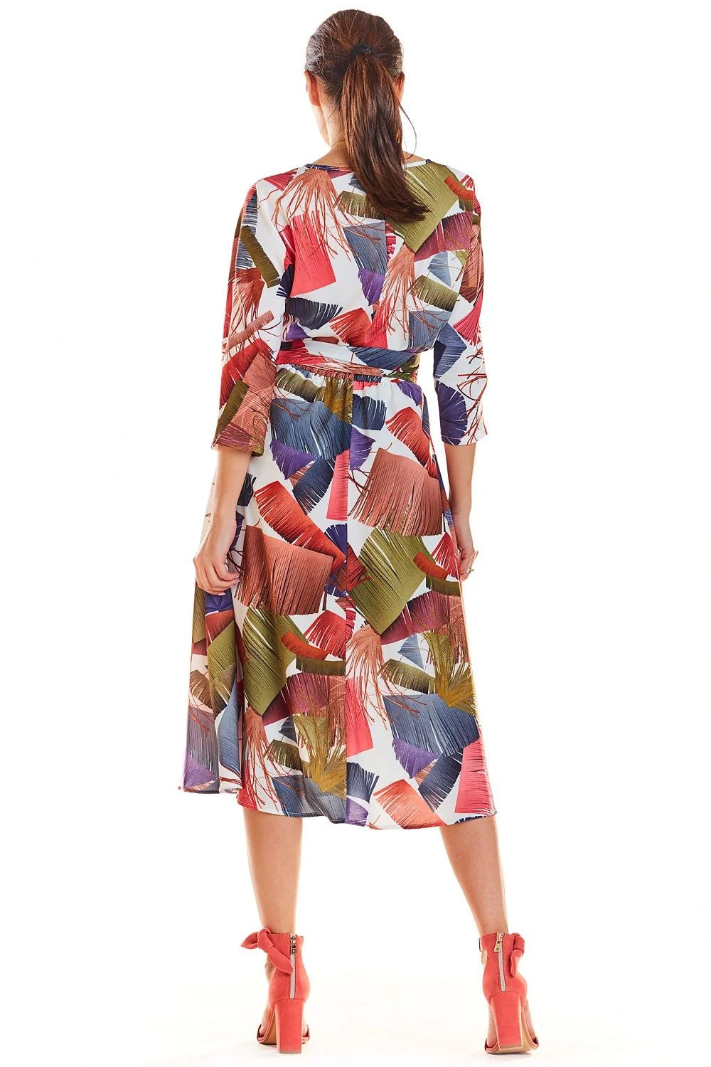robe midi imprimée femme manches troisquarts col rond ceinture nouée ajustée évasée bohème chic fluide légère multicolore corail olive bleumarine