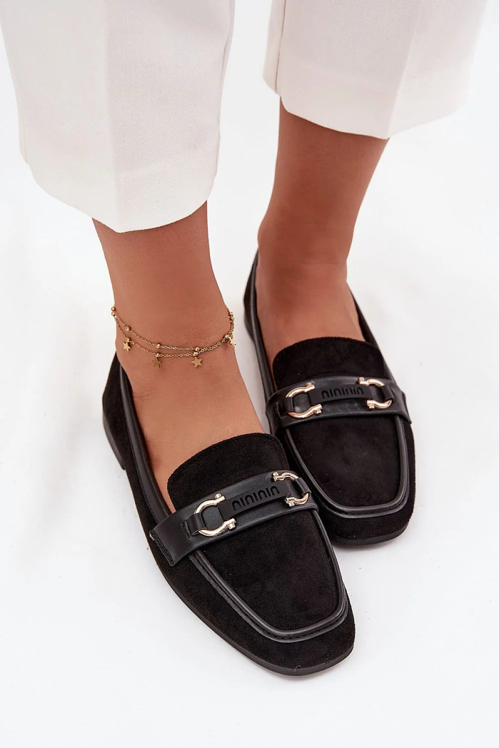 mocassins femme suédé noir bout carré mors métallique doré semelle basse talon plat 15mm confort stabilité intérieur cuir écologique