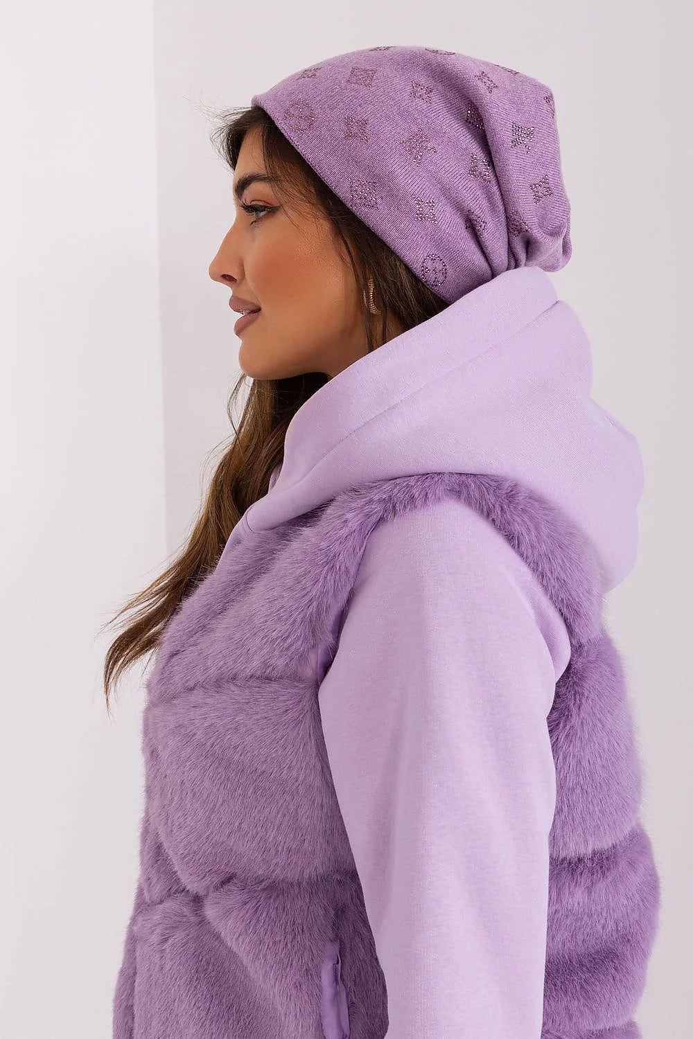 Bonnet d'hiver en cachemire pour femme avec strass, style décontracté, couleur lavande pastel, matériau acrylique-coton-cachemire