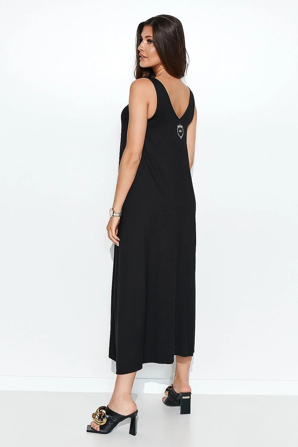 Robe longue noire fluide élégante sans manches col en V occasions spéciales femmes chic