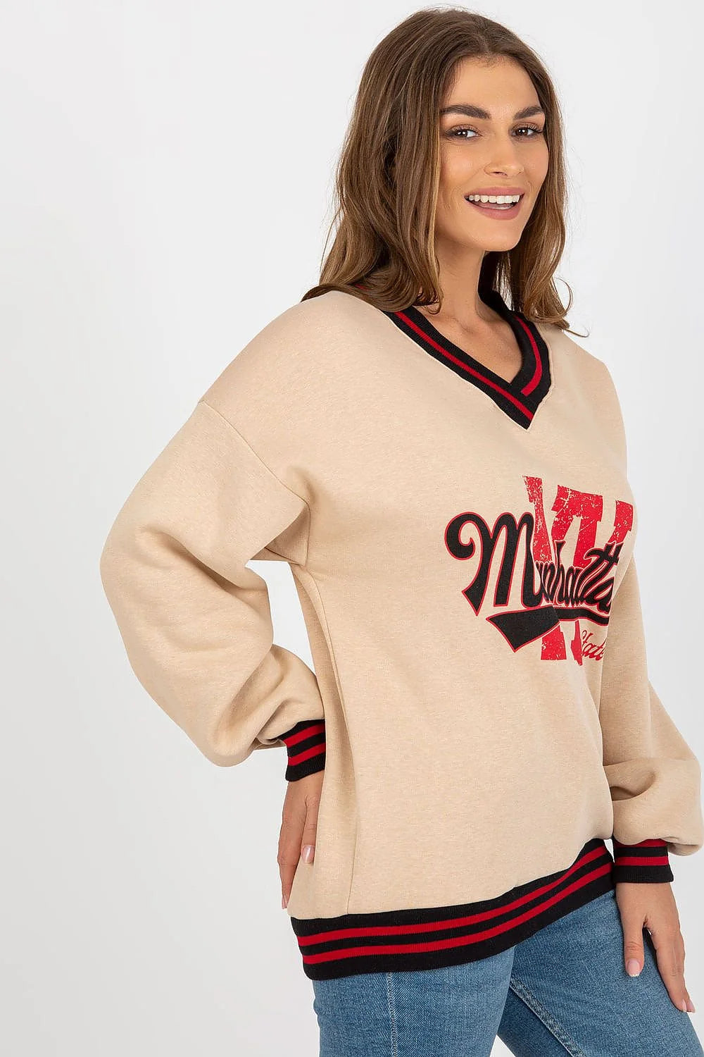 sweatshirt femme oversize colv molleton doux beige imprimémanhattan rouge effetvieilli bordscotes noirs rouges mancheslongues tombantes coupedecontractee universitaire confortable chaud
