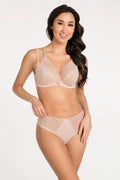 ensemble lingerie Gorsenia nude soutiengorge armatures bonnetsmoulés bretellesréglables bijoudoré culotte brésilienne taillemoyenne microfibre douce tulle rayé enveloppante maintien