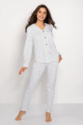 Pyjama pour femme en coton 100% tissu doux style élégant motif pois noir blanc longues manches chemise pantalon coordonnés