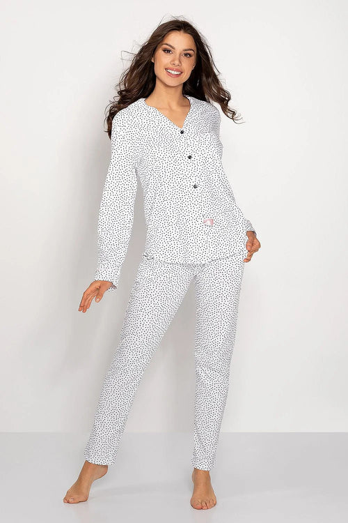 Pyjama pour femme en coton 100% tissu doux style élégant motif pois noir blanc longues manches chemise pantalon coordonnés