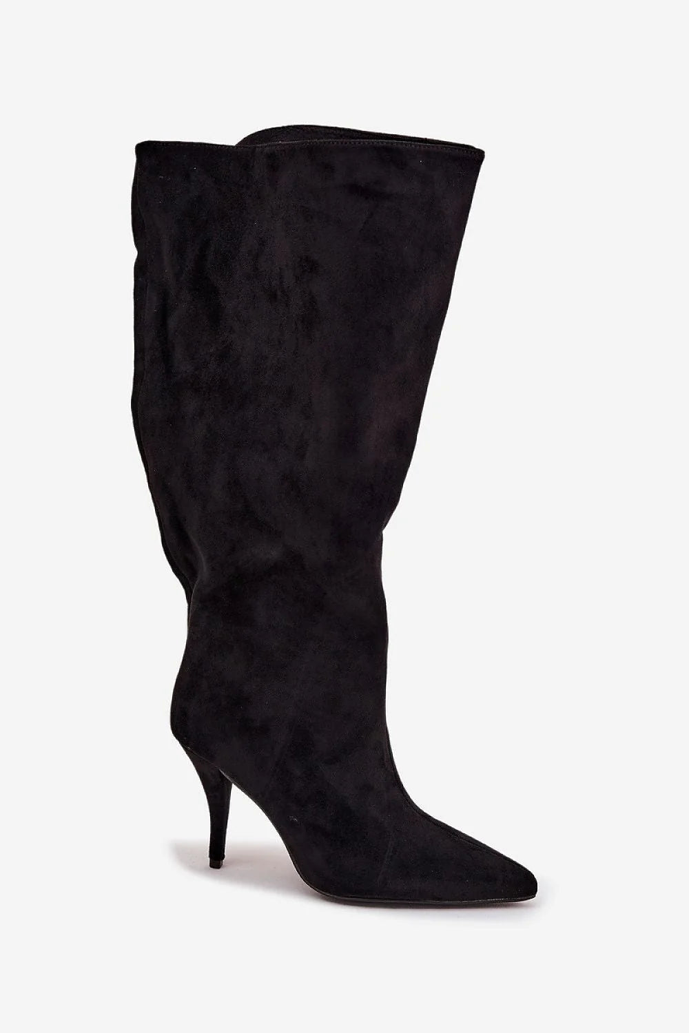 bottes hautes femme suédine écologique noires tige froncée bout pointu talon aiguille pullon slim veloutée élégantes soirée urbain chic