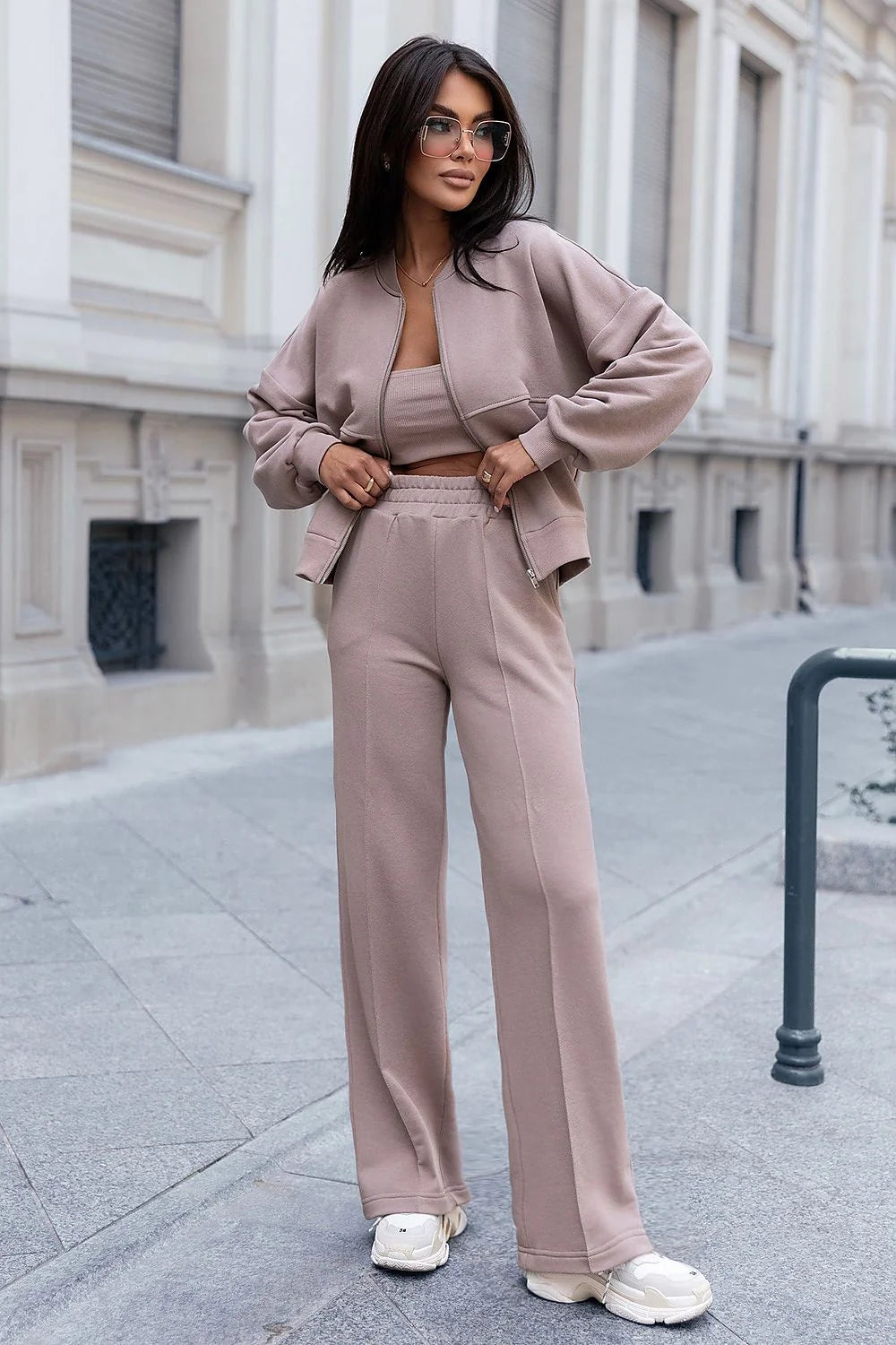 Ensemble IVON pour femmes, veste bomber à fermeture éclair, pantalon à jambes larges, beige, style casual moderne, confort optimal