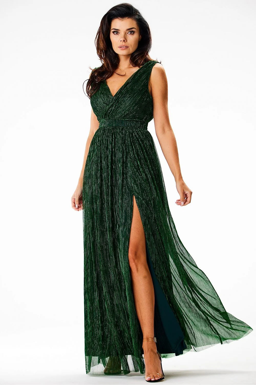 Robe longue élégante pour soirée couleur verte fente haute sans manches col V profond maille brillante femme