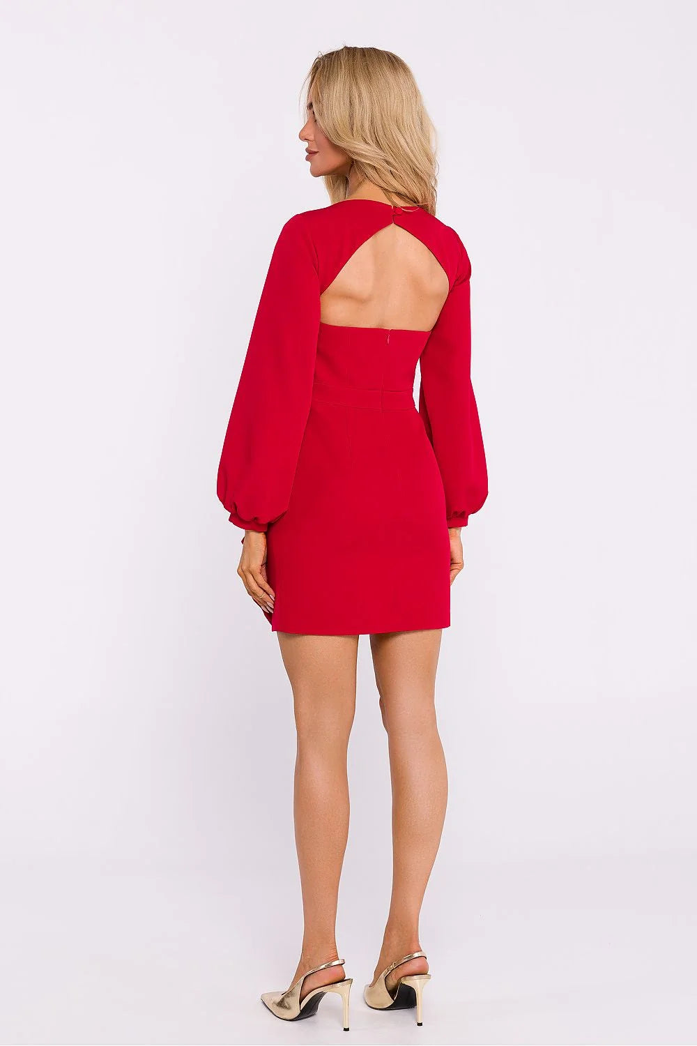 Robe de cocktail élégante rouge asymétrique ruches manches longues bouffantes taille ajustée femme semi-formelle