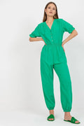 combinaison femme vert émeraude coton élasthanne léger respirant confortable encolure V manches bouffantes taille smockée jambes droites chevilles ourlets élastiqués