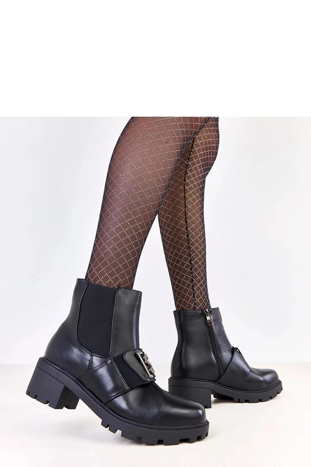 bottines talon bloc 55mm cuir écologique noir chelsea tige 13cm bride métal sertie strass fermeture zip doublure chaude semelle crantée