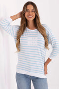 chemisier femme modal elasthanne doux mariniere rayures horizontales blanc bleu pastel encolure ronde manches longues coupe ample logo brodé