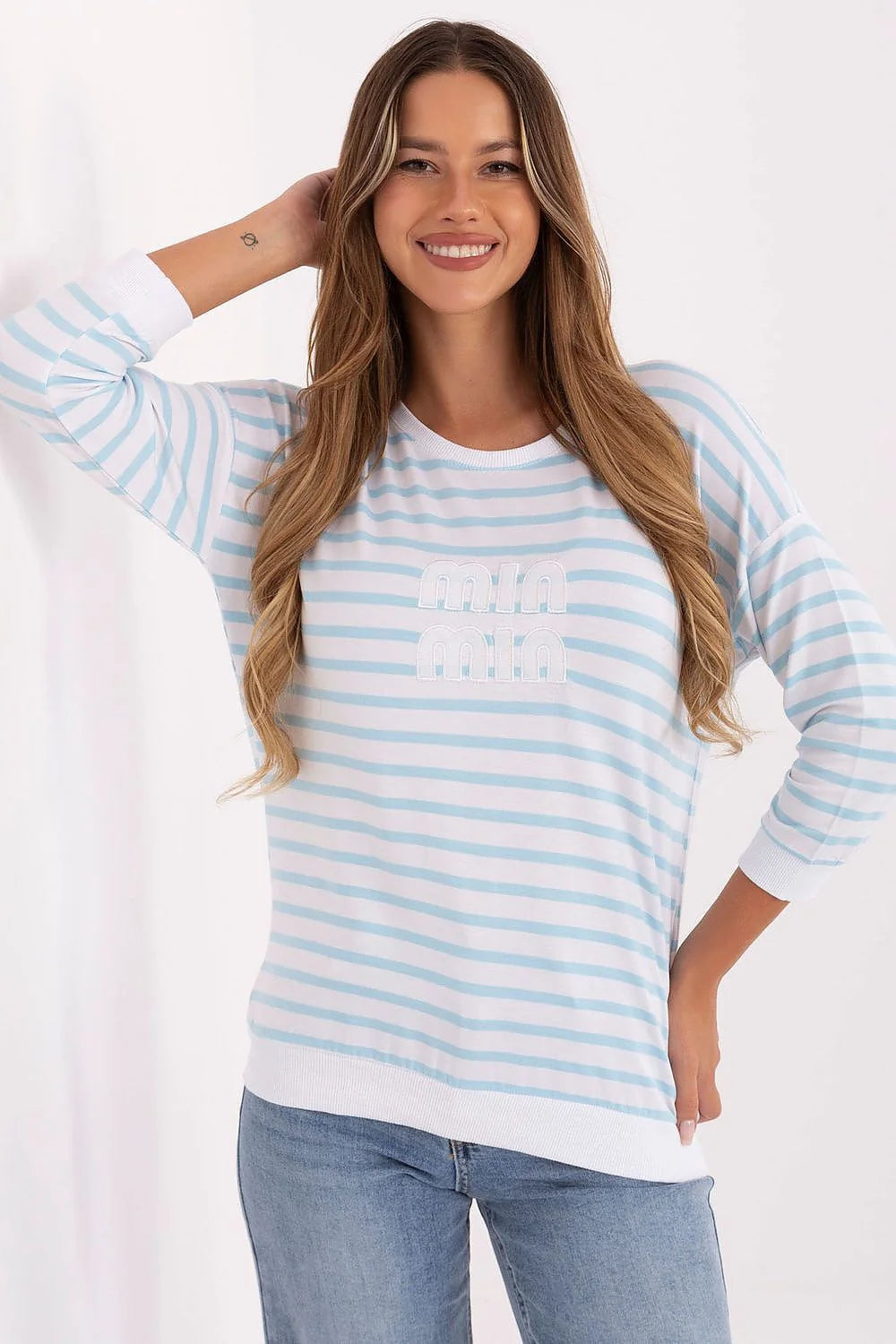 chemisier femme modal elasthanne doux mariniere rayures horizontales blanc bleu pastel encolure ronde manches longues coupe ample logo brodé