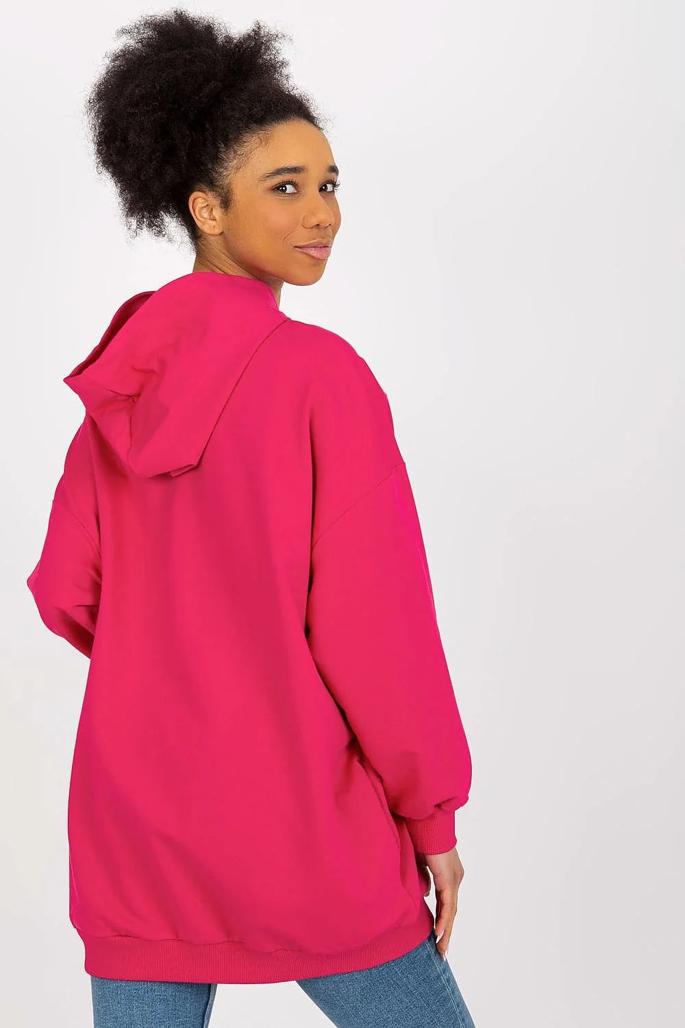 sweatshirt oversize femme capuche longline fuchsia molleton doux coupe ample épaules tombantes imprimé multicolore bubble coeur poche latérale