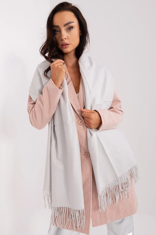 Ensemble laine mélange rose pastel manteau droit col montant manches longues écharpe gris perle franges oversized automne hiver