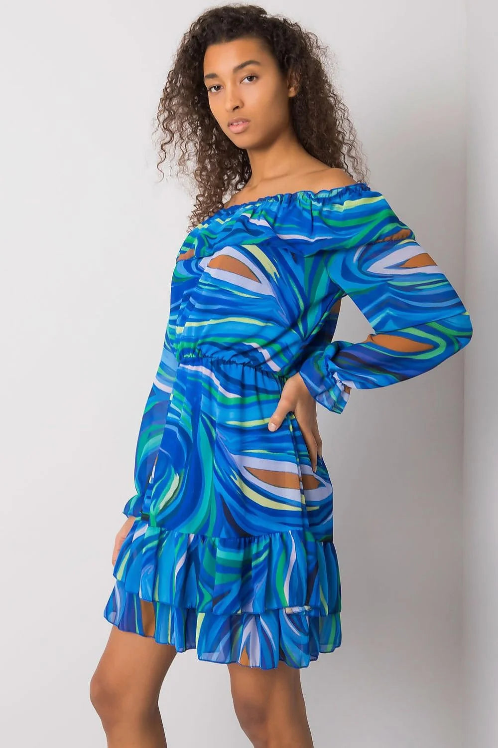 Robe de jour Italy Moda style espagnol décolleté Bardot manches longues élasthanne polyester viscose taille universelle 85 cm 92 cm