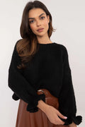 pull féminin élégant décontracté manches bouffantes longues poignets volantés col rond oversize cropped grosse maille noire douce chaude confortable côtelée