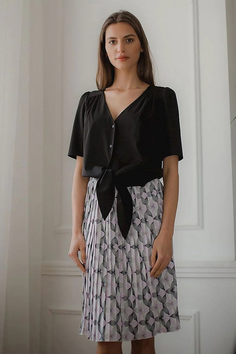 robe femme coton élégante motifs géométriques bleu pastel manches bouffantes décolleté noeud taille jupe plissée midi fluide soyeuse