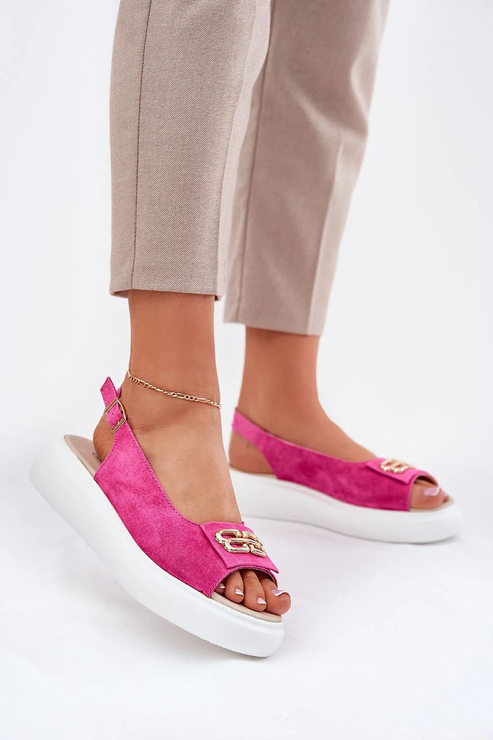 Sandales ouvertes modernes en daim rose fuchsia, plateforme épaisse, boucle ajustable, semelle intérieure rembourrée, femmes, été, occasion décontractée