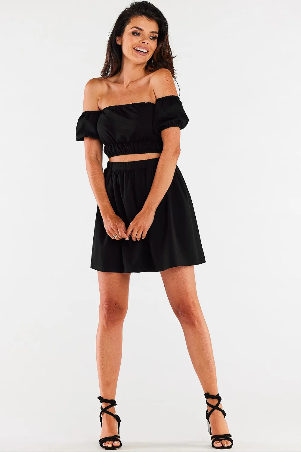 Tenue femme deux pièces élégante top court sans épaules jupe haute taille élastique noire fashion