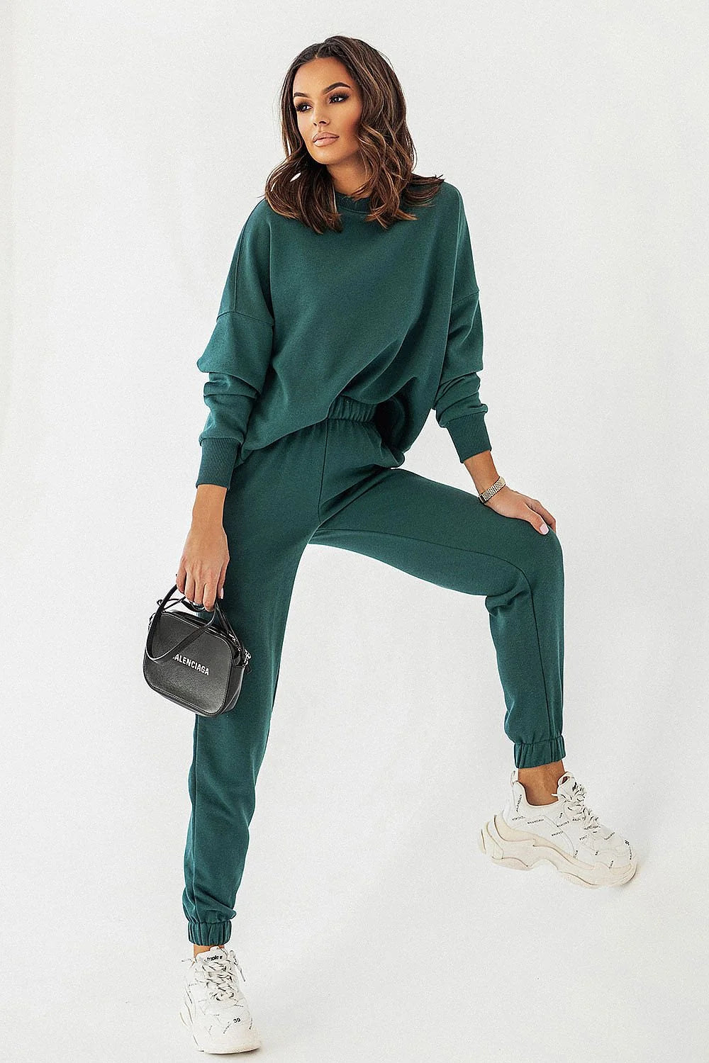 Sweatshirt IVON pour femmes, noir, oversized, col rond, manches longues, joggers assortis, ensemble décontracté, coton 92%, elasthanne 8%, mode moderne