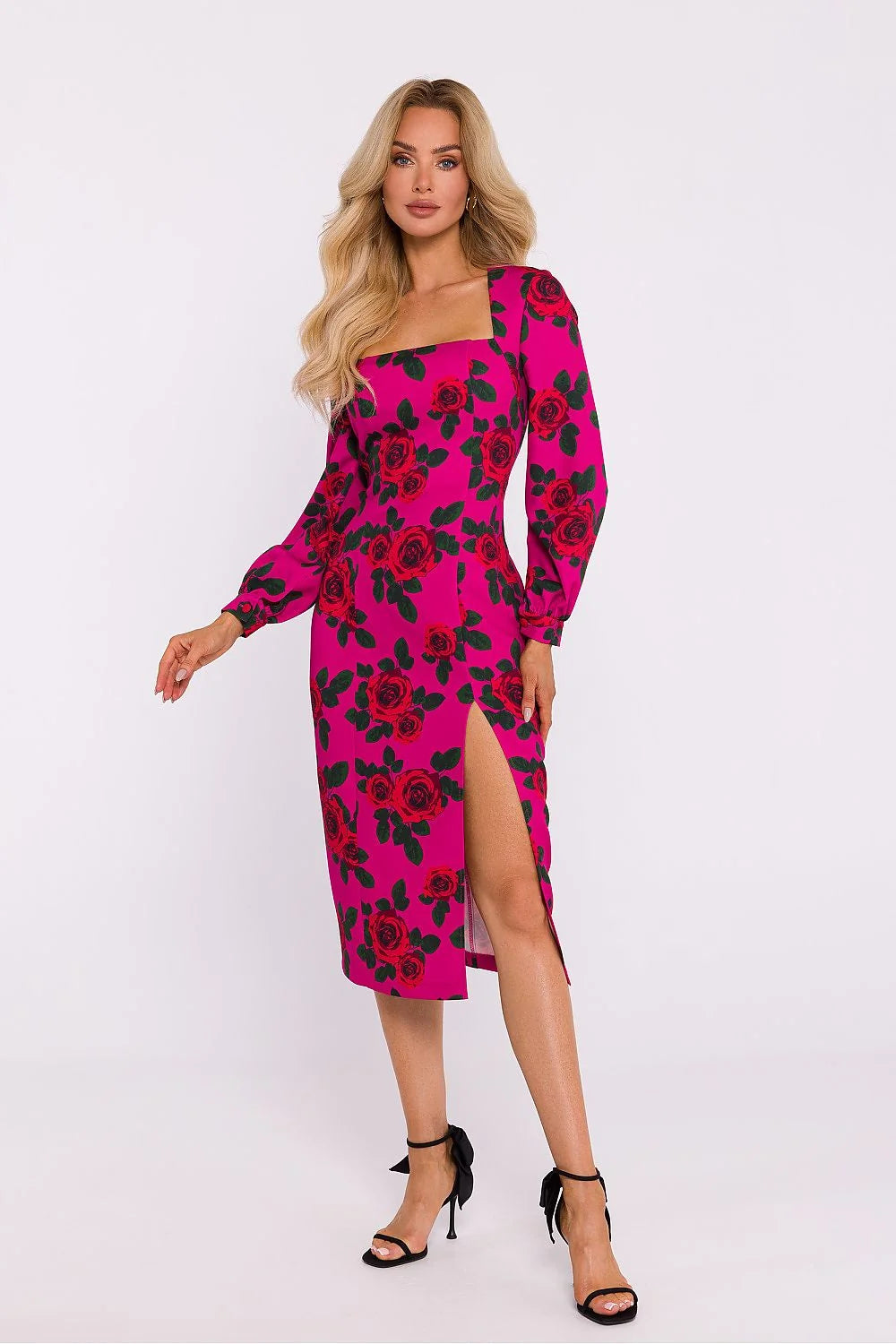 Robe élégante imprimé floral manches longues bouffantes fente latérale fermeture discrète femme taille ajustable