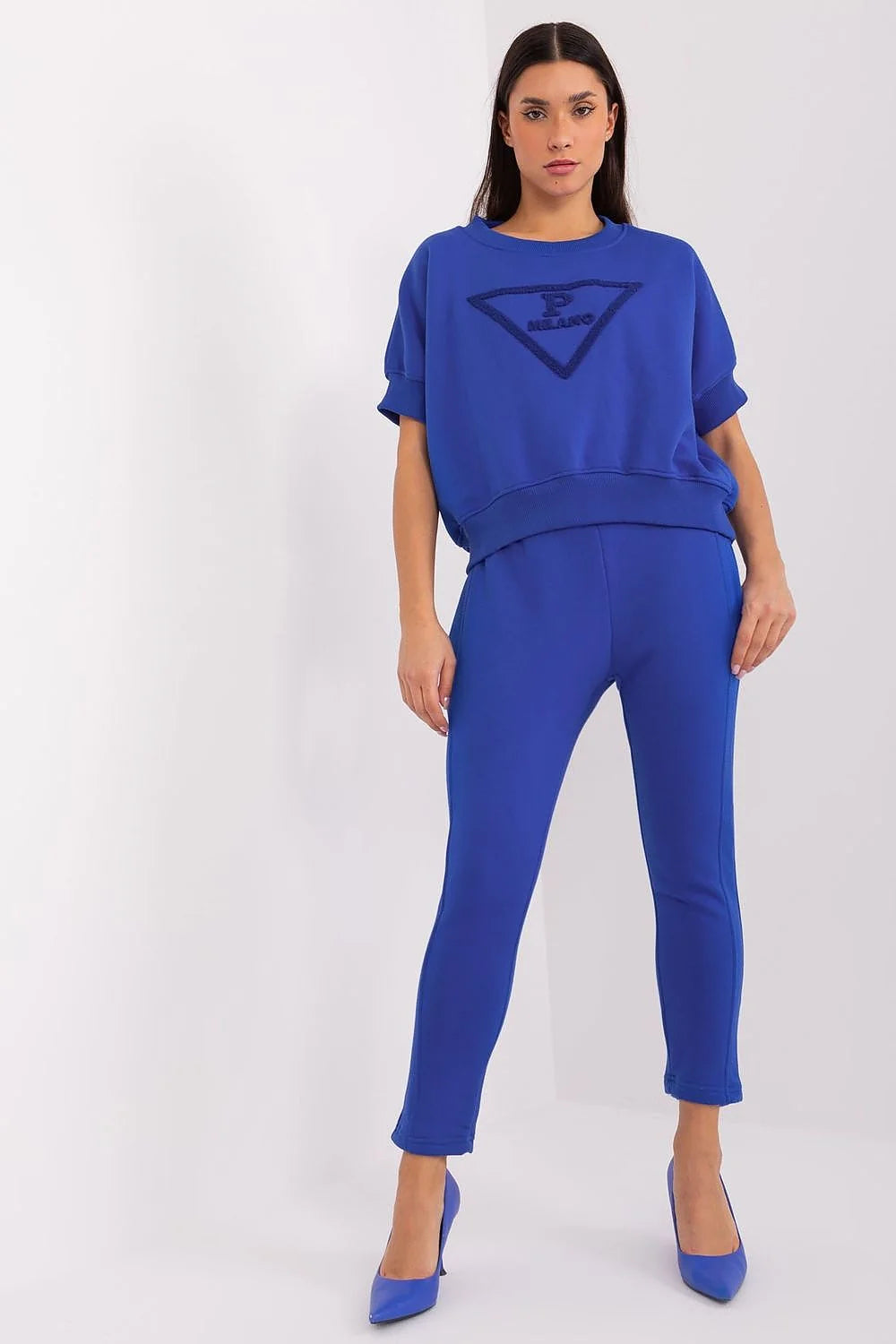 Ensemble femme mode moderne cobalt blue coton polyester ajusté pantalon pullover manches courtes élégant