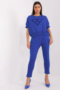 Ensemble femme mode moderne cobalt blue coton polyester ajusté pantalon pullover manches courtes élégant