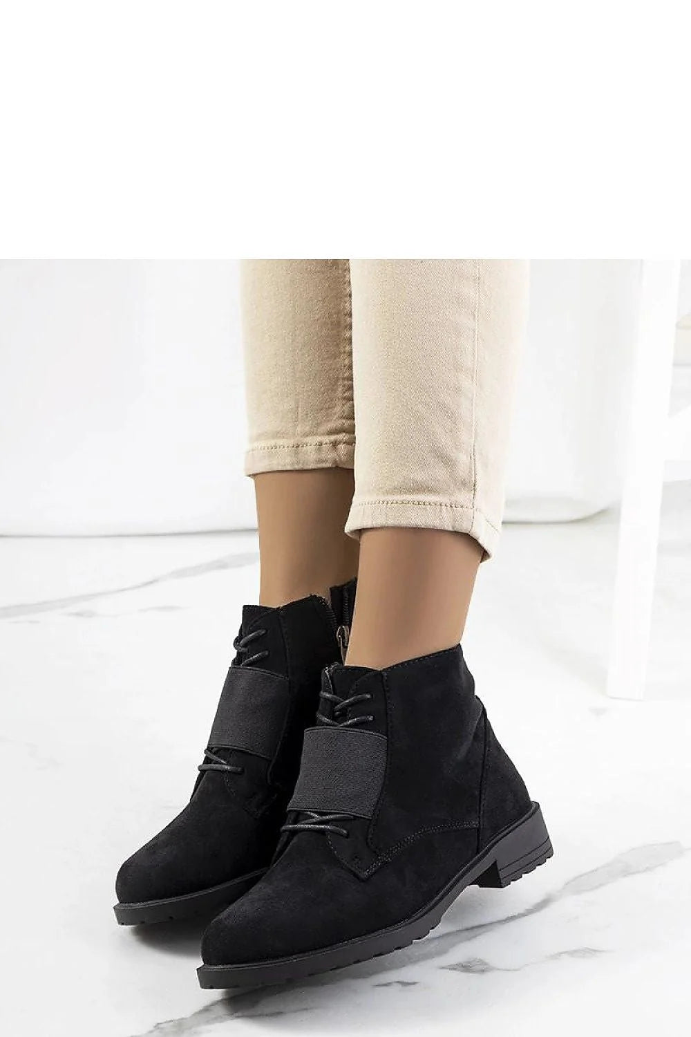 Bottines à talons bas cuir écologique noire moderne femme confortable fermeture éclair lacing élastique ville travail