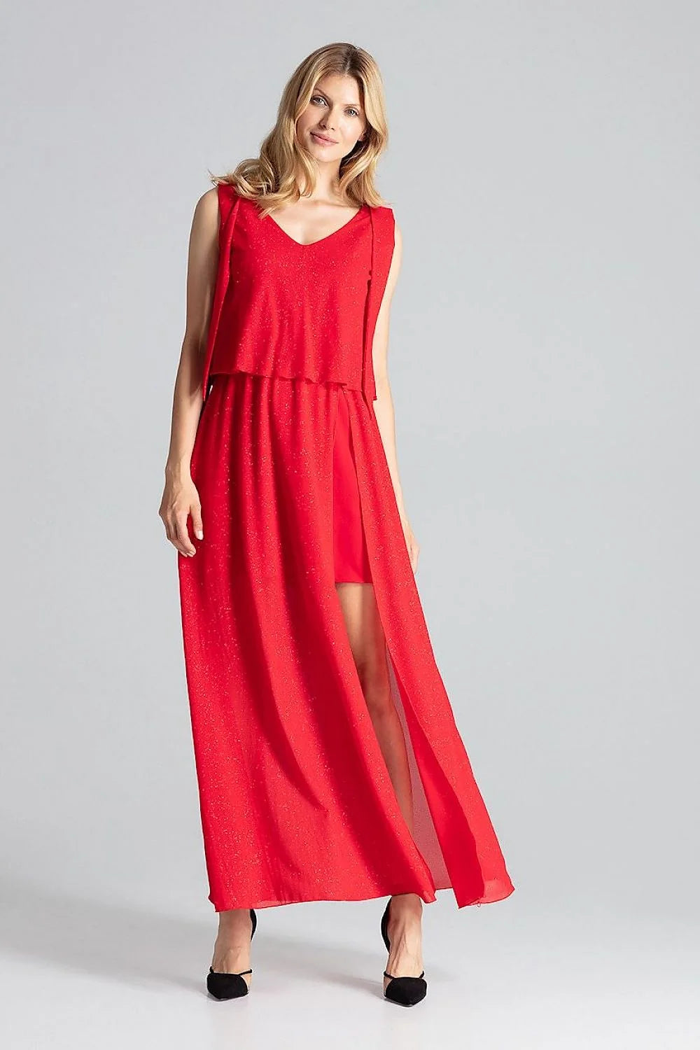 robe soirée longue rouge vif élégante cocktail polyester stretch col V profond sans manches taille élastiquée fente latérale