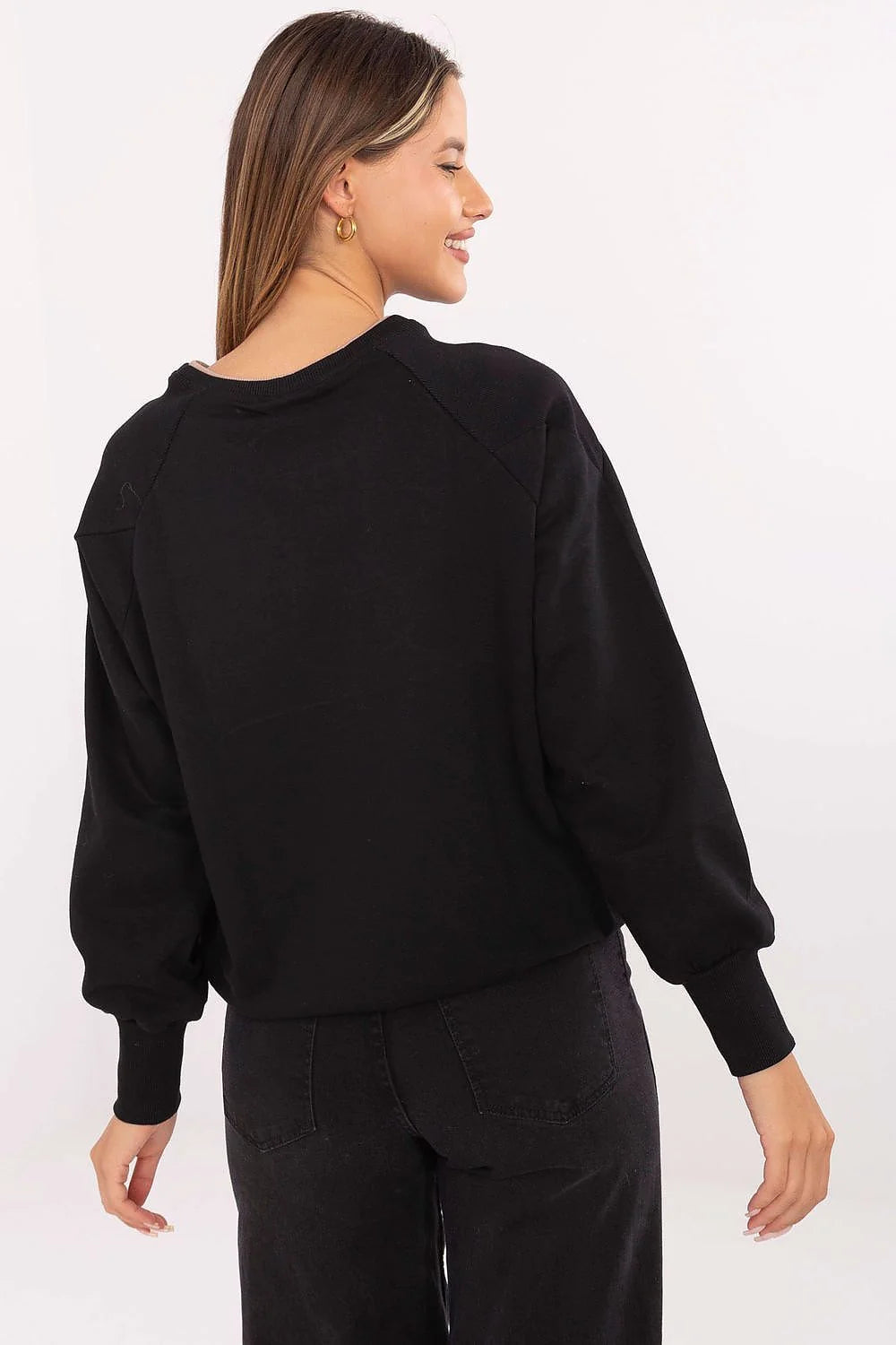 sweatshirt femme noir oversize boxy coupe ample col rond manches raglan tombantes molletonné doux coton polyester