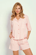 pyjama femme chemise manches mi longues boutonnée col poitrine poche short taille élastique poches rayures verticales corail blanc coton respirant