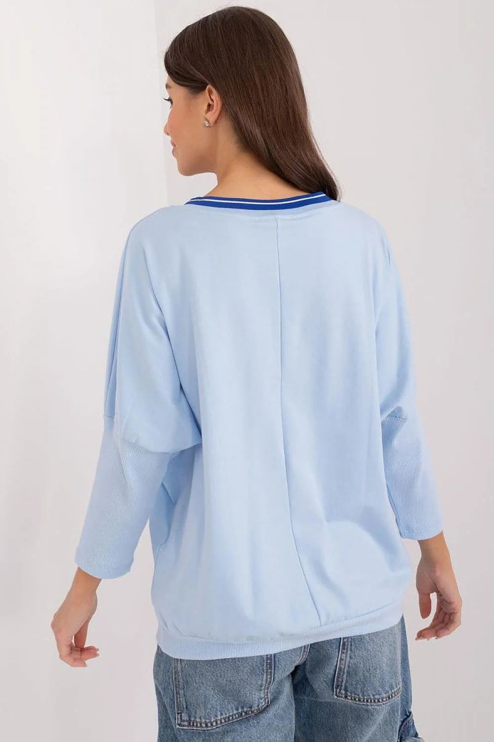 chemisier Relevance femme coton bleu pastel col V bandes bleu roi manches troisquarts coupe ample base elastique inscription youcanbe brillante