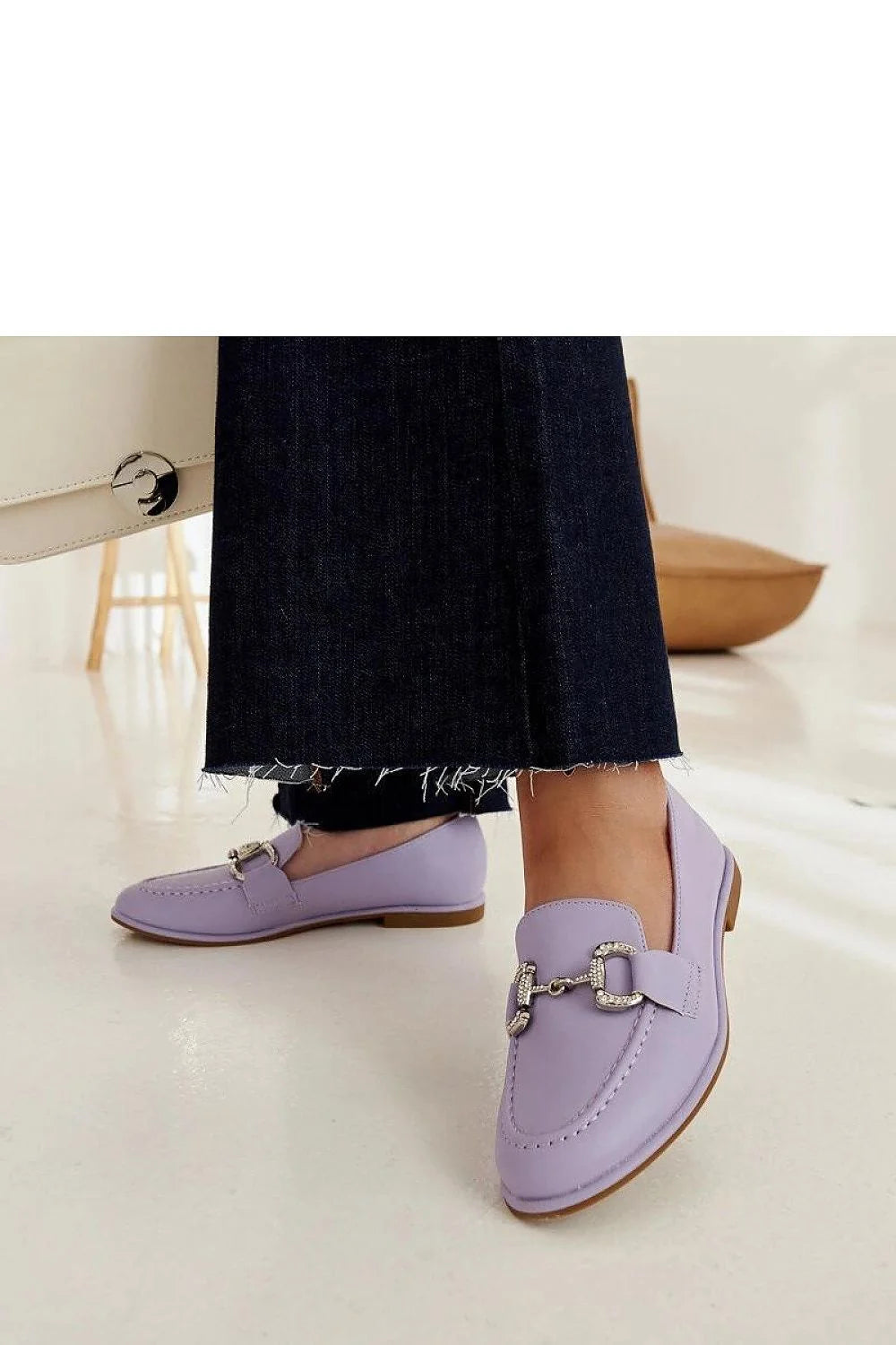 mocassins Solea femmes lavande similicuir lisse bout arrondi semelle plate beige mors métallique strass surpiqûres élégants confortables adhérence urbains intemporels