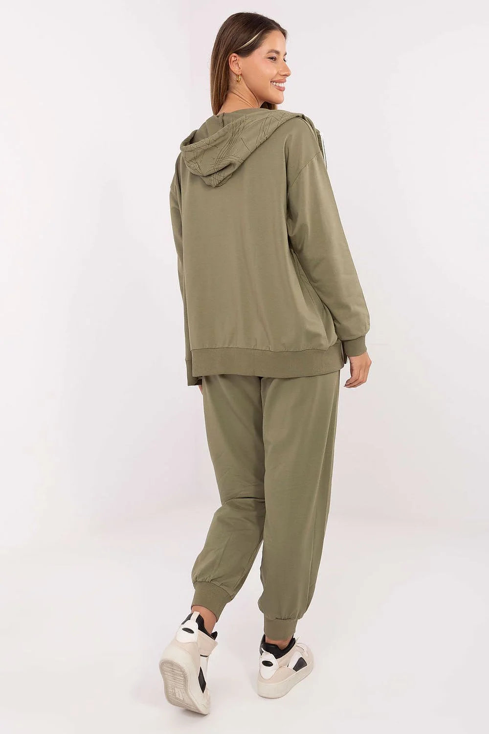 ensemble survêtement femme sweat zippé capuche pantalon jogger kaki coton élasthanne stretch taille haute cordon noué poches latérales