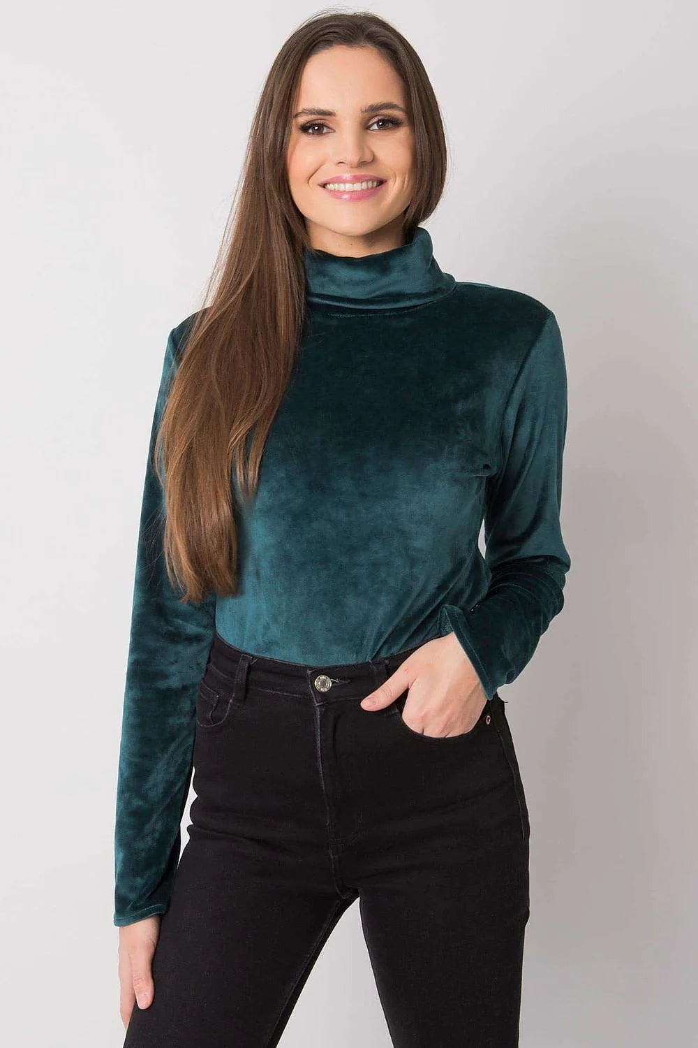 Pull col roulé femme velours vert émeraude chic ajusté manches longues mode automne hiver