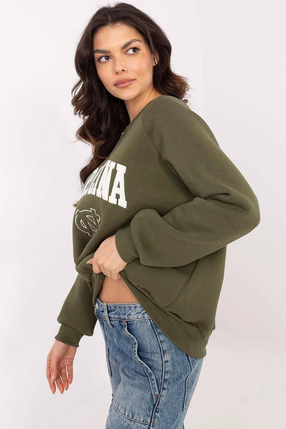 Sweatshirt femme Carolina université style sportswear vert kaki manches longues col rond coudes côtelés tissu doux coton raglan casual